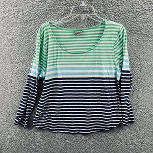 J Jill Womens Top Large Green Blue White Striped Long Sleeve‎ Pullover Shirt